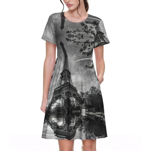 Robe d'été mi-longue à col rond avec motif Tour Eiffel