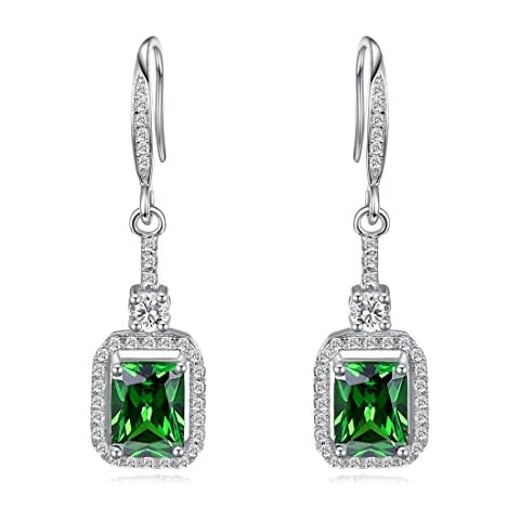 Merthus Womens 925 Sterling Silver Created Emerald Dangle Earrings Cover