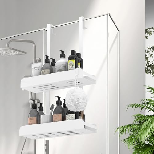 MEIJO Duschregal Zum Hängen Duschablage Ohne Bohren Duschkorb Badezimmer Organizer Shampoo Halterung Dusche Duschablage Zum Hängen mit 4 Haken Für Rahmenlos Glastür Badezimmer Küche Weiß