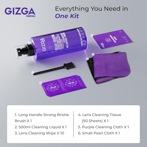 Image of Gizga Pro Series 6-in-1 Cleaning KIT - 500ml Cleaning Spray, 50-Lens Tissues, Soft Brush, 10 Wet Wipes, Microfiber Cloths | for Screen Laptop PC Binocular TV Camera Lens Smartphone Tablet Keyboard