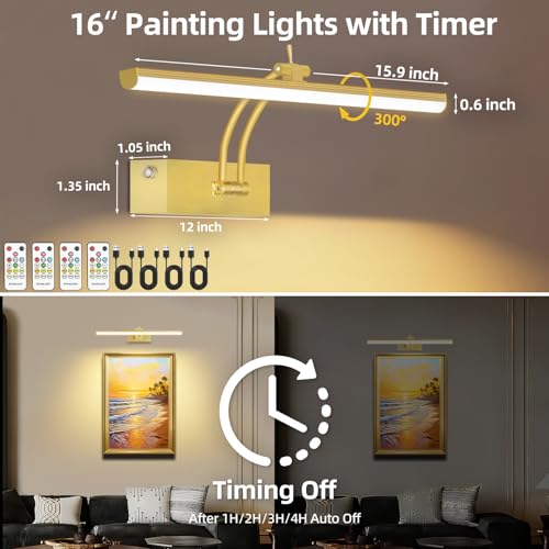 Image of 6 Colors Picture Lights Battery Operated with Remote, 16 inch Cordless Rechargeable Painting Lights with Timer for Wall, 6CCT Dimmable Display Lights for Artwork Gallery Dartboards, 4 Pack (Gold)