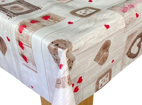 Karina Home Red on Grey Wood Effect Love Hearts Wipe Clean Tablecloth Vinyl PVC Table Cover Wipeable Table Cloth (Red, 200cm x 140cm)
