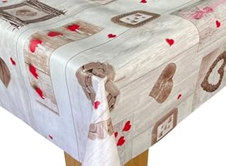 Karina Home Red on Grey Wood Effect Love Hearts Wipe Clean Tablecloth Vinyl PVC Table Cover Wipeable Table Cloth (Red, 200cm x 140cm)