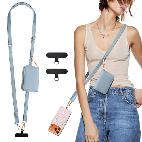 TiMOVO Crossbody Phone Lanyard with PU Leather Wallet Pouch, Sky Blue