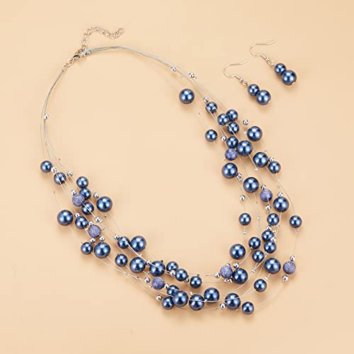 Layered Pearl Necklace Multi-Strand Pearl Choker Necklaces For Women Beaded Jewelry For Wedding Parties(37-Blue) #TOP1
