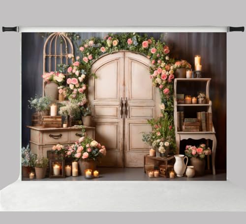 Kate 10x6.5ft Spring Pink Rose Flowers Photo Backdrops for Photography Wooden Arch Floral Door Vintage Wooden Vase Books Decoration Wedding Portrait Photographic Background -  20231031BH1047641BFLORAL