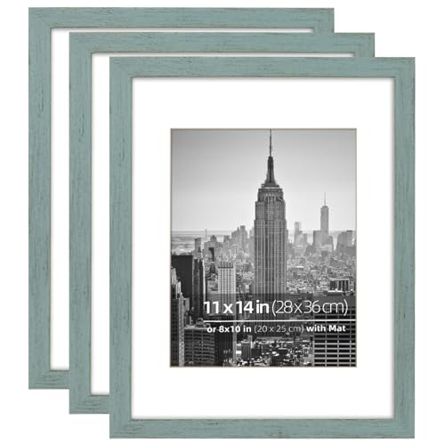 Eitida 11x14 Matted to 8x10 Country Rustic Picture Frame Set, Rustic Teal Blue Textured Wooden Border, Plexi Glass, Wall Mounting Vertically or Horizontally, 3 Pack