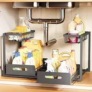 Under Sink Organizer,Metal Pull Out Cabinet Organizer Shelf,Kitchen Bathroom Organizers with Sliding Drawer,Storage Shelves,Storage and Organization for Home,Laundry,RV,Pantry,Spice,Dark Grey,2 Pack