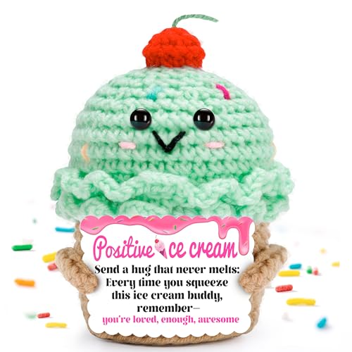 Helado de ganchillo positivo con mensaje motivador para alegrar tu escritorio