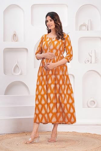 Image of JAIPURFAME Stylish Women's Pure Cotton All Over Printed Kurti Gown, Maternity Dress, and Feeding Dress - Comfortable and Elegant Maternity Wear for Women