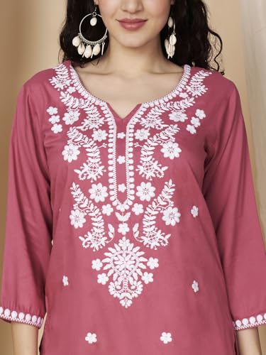 Image of Short Kurti for Women for Jeans, Chikankari Kurtis for Ladies, Lakhnavi V- Neck Women's Tunic Design Kurta, Floral Kurtas & Tunics for Woman