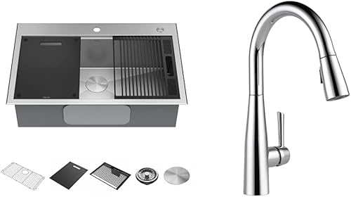 Miniatura 1 de DELTA - Fregadero de cocina con remache de 33 pulgadas, montaje superior, calibre 16, acero inoxidable, cuenco individual + grifo de cocina