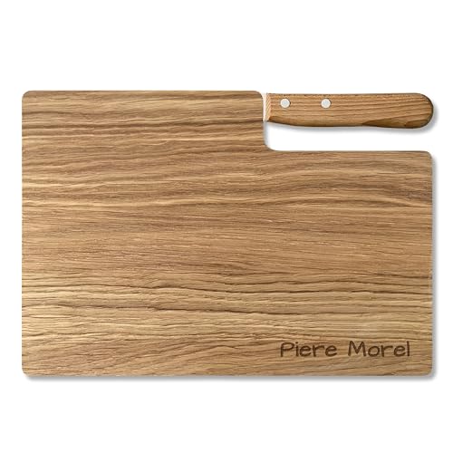 LOOXIS Planche à découper premium personnalisée avec couteau à bosse, nom et texte gravés - Bois de chêne, 26x15cm (Idée de cadeau pour femmes, hommes, emménagement, Saint-Valentin) Nom