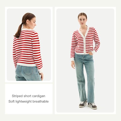 Women's Crop Sweaters Long Sleeve V Neck Striped Sweater Ribbed Knit Short Cardigan Button Up Tops2