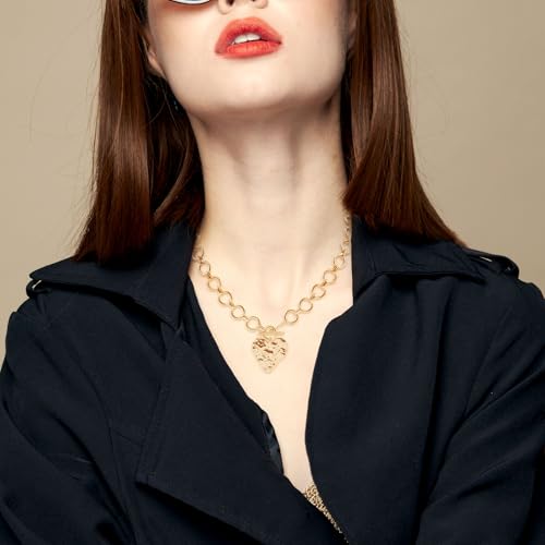 Chunky Gold Pendant Necklaces for Women, Large Statement Hammered Heart Pendant Necklace Vintage Chunky Gold Chain Necklace for Women Trendy Jewelry Gift 6