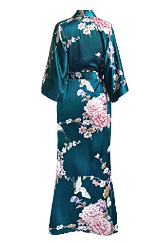 OLDSHANGHAI Women's Satin Kimono Robe Long - Floral - Chrysanthemum & Crane - Peacock (Blue), Satin Kimono Robes for Women with Floral Designs, 52 inches in Length, One Size Fits Most. - Thumbnail 2