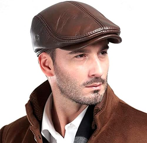 icehao Men's Adjustable Newsboy Hat Beret Hat Driving Hunting Fishing Hat Genuine Leather Ivy Cap Fashion Beret Hat Flat Cap. (Brown)