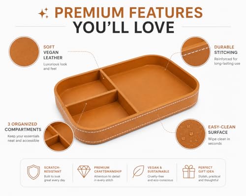 Image of Valet Tray Organizer, Premium Vegan Leather, Multi-Compartment Design, Versatile Desk & Dresser Tray, Tan, 10 x 8 x 1.5 in