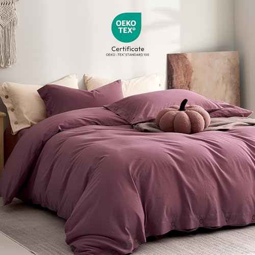 Image of JELLYMONI 100% Washed Cotton Duvet Cover King - Soft, Breathable Linen-Look Bedding with Natural Wrinkle Texture, Button Closure, 3-Piece Set (Deep Rose, 104 inchx90 inch)