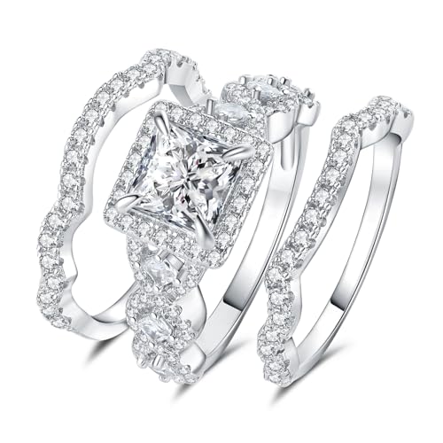 JewelryPalace Princess Cut 1.5ct Cubic Zirconia Engagement Rings for Women, 14K White Gold Plated Promise Ring for Her, Infinity Twist Simulated Diamond Anniversary Wedding Band Bridal Sets 7.5