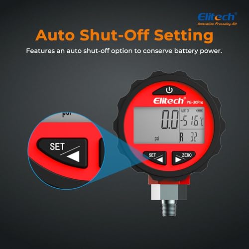 Elitech PG-30Pro Digitale Kältemittel-Druckmessgerät mit Hintergrundbeleuchtung | 88+ Kältemittel | 0-500 PSI (0-3,4 MPa) | 1/8 NPT | Kompatibel mit Manifold-Manometer | Rot