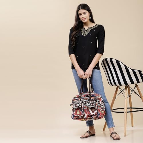Image of QAZMI Short Kurti for Women| Embroidered Pashmina Straight Rayon Cotton Kurta | Women's Tunic Tops