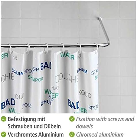 Installed WENKO shower rod with a shower curtain, showing the wall fixation points and the chromed aluminum finish.