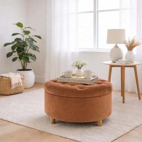 Image of HomePop 28 inch Button Tufted Velvet Round Storage Ottoman - Spice Orange Velvet