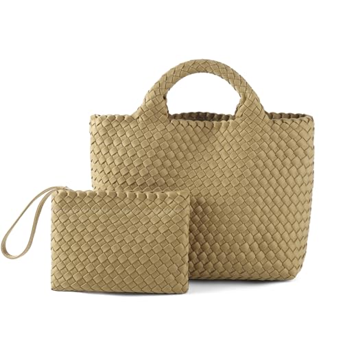 Image of Woven Bag for Women, Neoprene Tote Bag Summer Beach Handbag Purse Retro Handmade Travel Shoulder Bag Set
