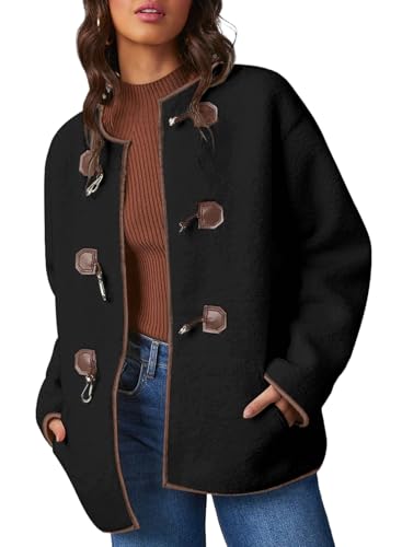 Dokotoo Womens Fleece Jacket Fashion Long Sleeve Faux Shearing Coats for Women Trendy 2025 Oversized Autumn Button Jackets Outwear Black Small
