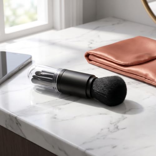 Image of TORMEN 4-in-1 Retractable Makeup Brush Set, Portable Travel, Black | 4-in-1 retractable brush set for powder, eyeshadow, highlighter, lip. Portable travel design. Soft synthetic bristles,