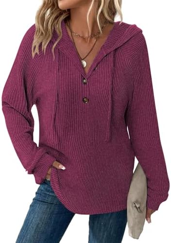 Tanmolo Pullover Damen Hoodie Leichter Sweatshirt | V-Ausschnitt, Knopfleiste, Kapuzenpullover, Weicher Strickpullover, Langarm, Herbst und Übergangszeit