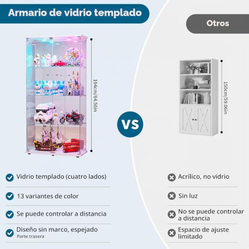 Miniatura 8 de Vitrina De Cristal De 4 Capas, Vitrina De Cristal, Iluminación Led, Cerradura Y 2 Puertas, Vitrina De Coleccionista Con Pared Trasera De Espejo Para Coleccionables, Armario De Salón Y Libros