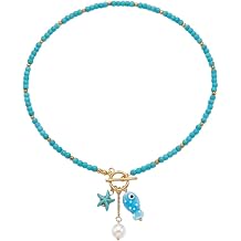Ocean Handmade Beaded Choker Necklaces for Women, Boho Ceramic Fish Starfish Pearl Pendant Toggle Necklace Summer Beach Vacation Fashion Jewelry Gift