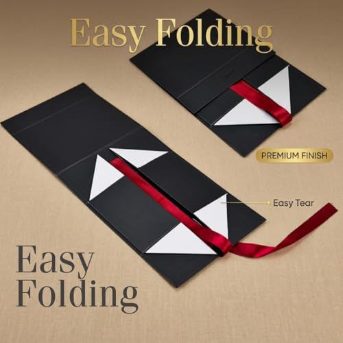 Image of Awestuffs Premium Black Gift Box with Red Ribbon, Reusable Gift Packaging Box (26 x 26 x 11 cm) for Gift Hampers, Weddings, Birthdays, Anniversaries, Festivals & Corporate Gifting (Set of 1)