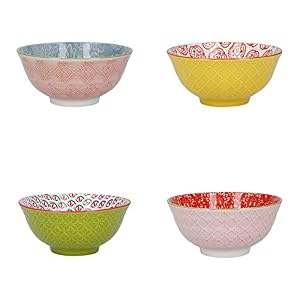 KitchenCraft Patterned Cereal Bowl Set of 4 in Gift Box, Ceramic Serving Bowls Ideal for Ice Cream, Soup and More, ‘Brights’ Designs, 15cm
