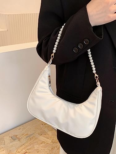 Image of SweatyRocks Women's Pearls Chain Top Handle Shoulder Bags PU Leather Zipper Hobo Bags Clutch Purses White One-Size