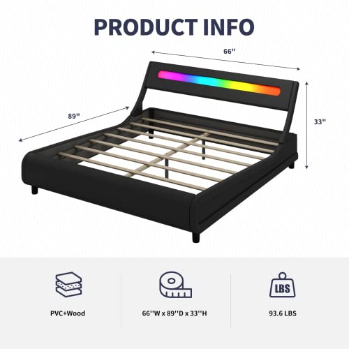Zafly Modern Led Queen Beds,Platform Led Bed Frame Queen Size,Upholstered Durable Sleigh Low Profile Platform Queen Size Bed With Pvc Headboard,Wooden Slats Support/No Box Spring Needed,Black #TOP1
