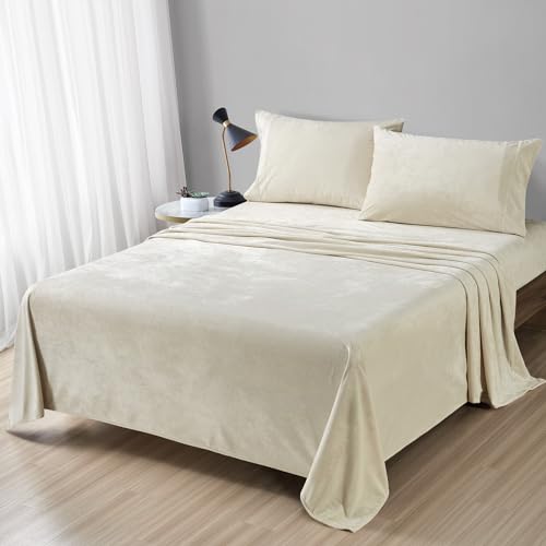 Fredsure Distressed Velvet Sheet Set, 4 Pieces Beige King, Ultra