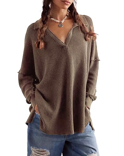 LifeShe Women's V Neck Batwing Long Sleeve Sweaters Lapel Collared Oversized Waffle Knit Side Slit Pullover Tops