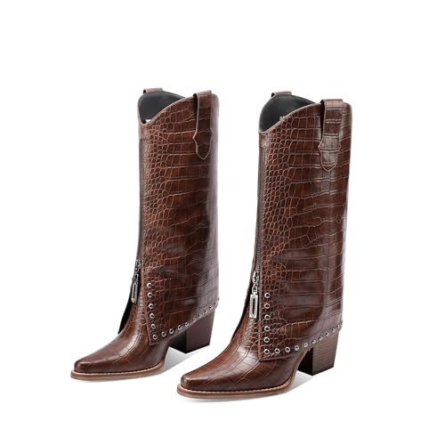 Women's Brown Crocodile Print Boots Fashion Slouchy Chunky Heel Pointed Toe Mid Calf boot Western Style Rivet shoe2