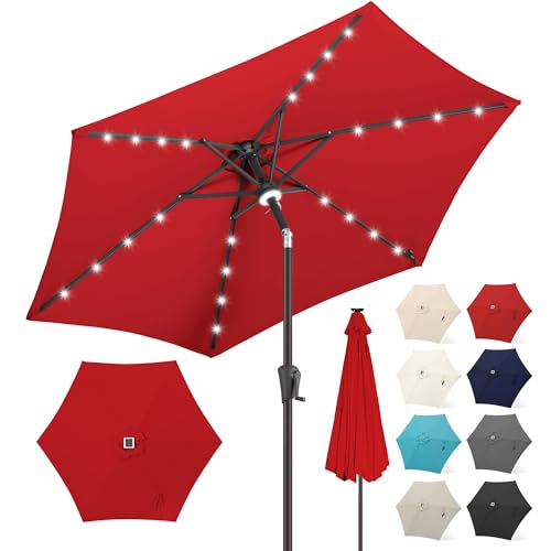 FLAME&SHADE 7.5 ft Solar Powered Outdoor Market Patio Table Umbrella with LED Lights and Tilt, Red