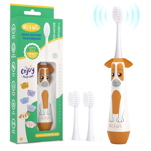 NELL&WELL Cepillo de dientes eléctrico para niños, temporizador de 2 minutos, 3 modos con memoria, impermeable IPX 7, cepillo de dientes para niños con 3 cabezales de cerdas suaves para niños y niñas