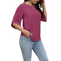 Oneezit Camicette Estive Donna con Maniche 3/4 T-Shirt Casual Moda Scollo Rotondo Manica Corta Blusa Rosso Red L