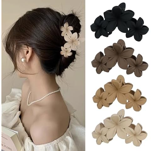 ANBALA 4PCS Hawaiian Plumeria Flower Hair Clips - Large Non-Slip Matte Claw Clips for Women, Strong Hold Beach Hair Accessories Cover