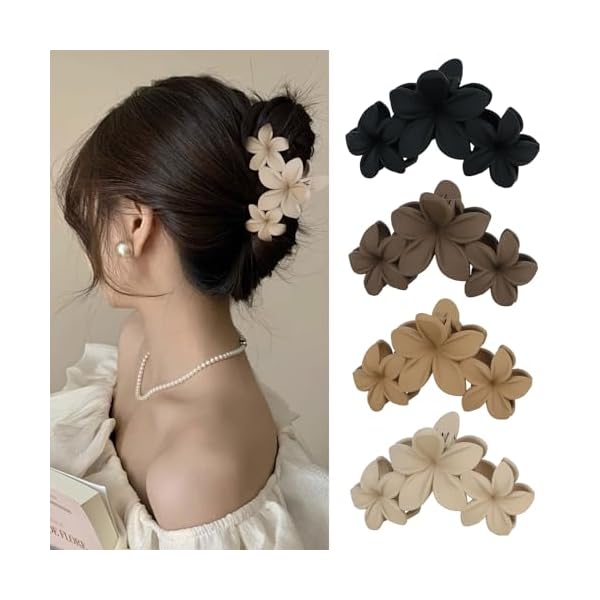 ANBALA 4PCS Hawaiian Plumeria Flower Hair Clips – Large Non-Slip Matte Claw Clips for Women, Strong Hold Beach Hair Accessories