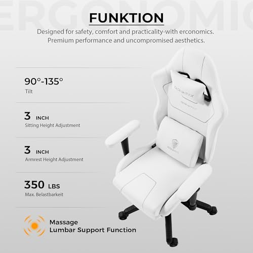 Sedia Gaming in tessuto con cuscino a molle insacchettate, Sedia Gamer da gioco ergonomica con funzione massaggiante, sedia da ufficio PC grande e alta con poggiaperiedi XXL,bianco - Sedia gaming - Immagine 6