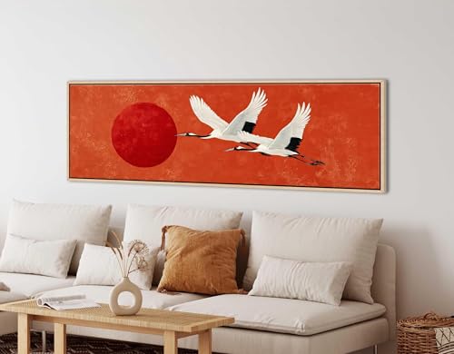 Peinture à l'huile Japandi Soleil Rouge, toile panoramique de grue 60x180 cm sans cadre