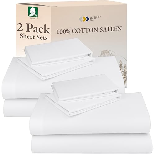 Image of California Design Den 100% Cotton Pack of 2 Sheets for King Size Bed, Soft & Durable King Size Deep Pocket Sheet Sets, King Sheet Set with Sateen Sheets (White)