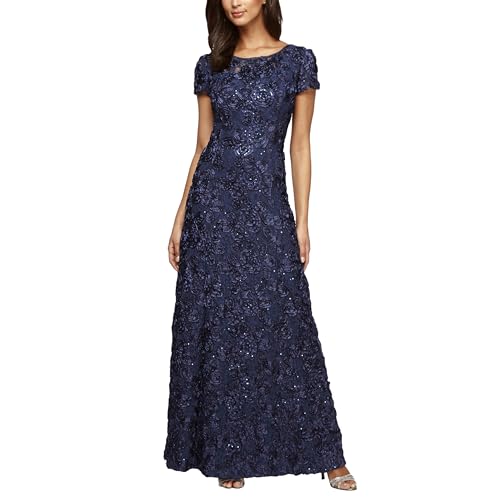 Alex Evenings Women's Regular Long Rosette Mother of The Bride Dress with Short Sleeves, Formal Gown, Wedding Guest, Navy, 14 Petite